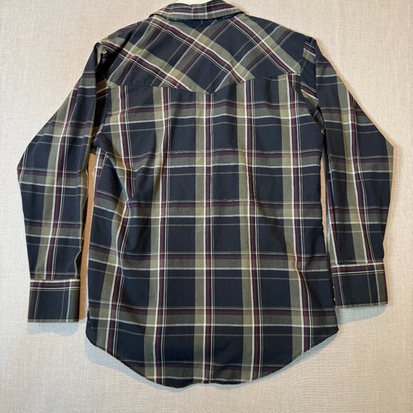 Plains Western Wear Snap Front Plaid Shirt Medium Black Olive Maroon Pearl Snap - Picture 2 of 7